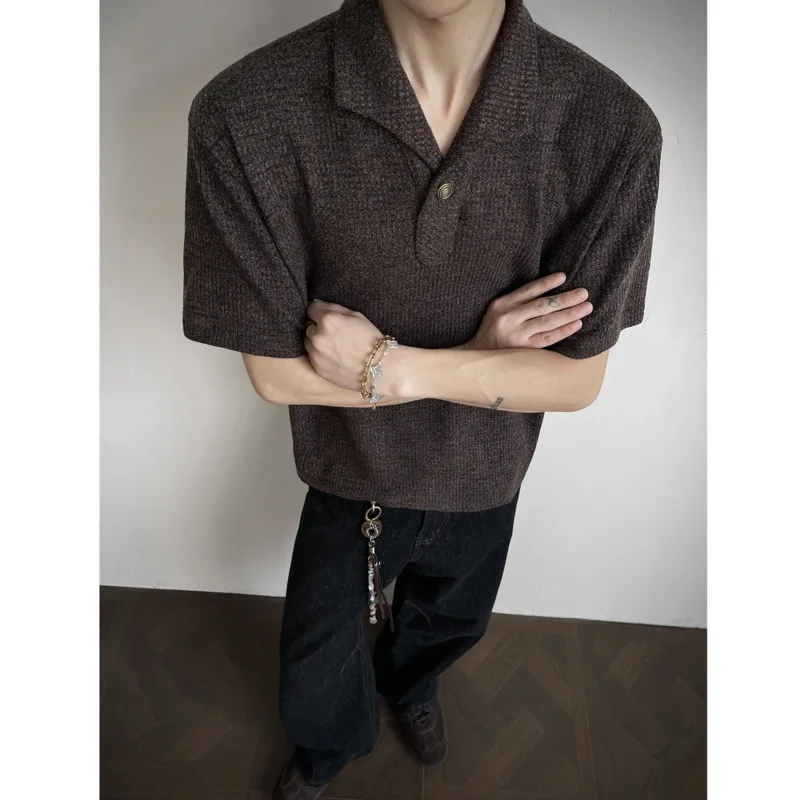 

Summer Short Sleeved T-shirt Men Fashion Brown Casual T-shirt Men Streetwear Korean Loose Lapel T Shirt Mens Polo Shirt