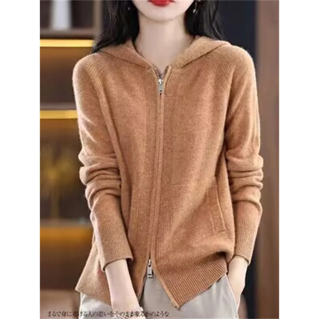 

2025 Autumn New Zipper Knitted Cardigan Jacket Women Casual Solid Color Hooded Cashmere Sweater Coat Female Wild Knitting Tops