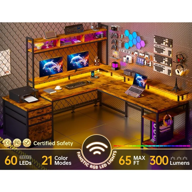 Mesa em forma de L de 64 x 60 polegadas com gaiola e gavetas, mesa de computador de canto reversível com prateleira para monitor, mesa para duas pessoas