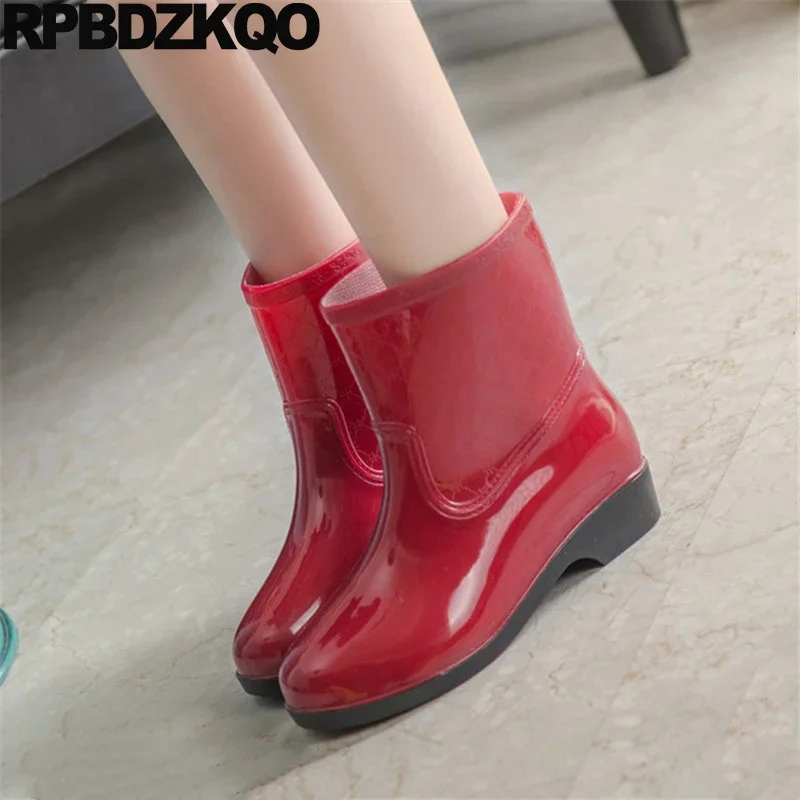 Botas de lluvia de goma para mujer, zapatos de tacón bajo, bloque de Pvc, tobillo de felpa extraíble, talla grande 42