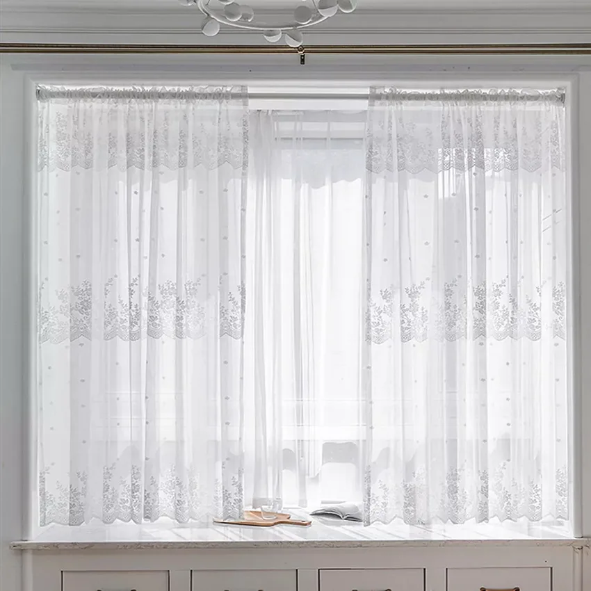 Lace Wave Short Tulle Half Curtains For Living Room White Floating Sheer Valance Kitchen Cabinet Door Cafe Window Drapes Cortina