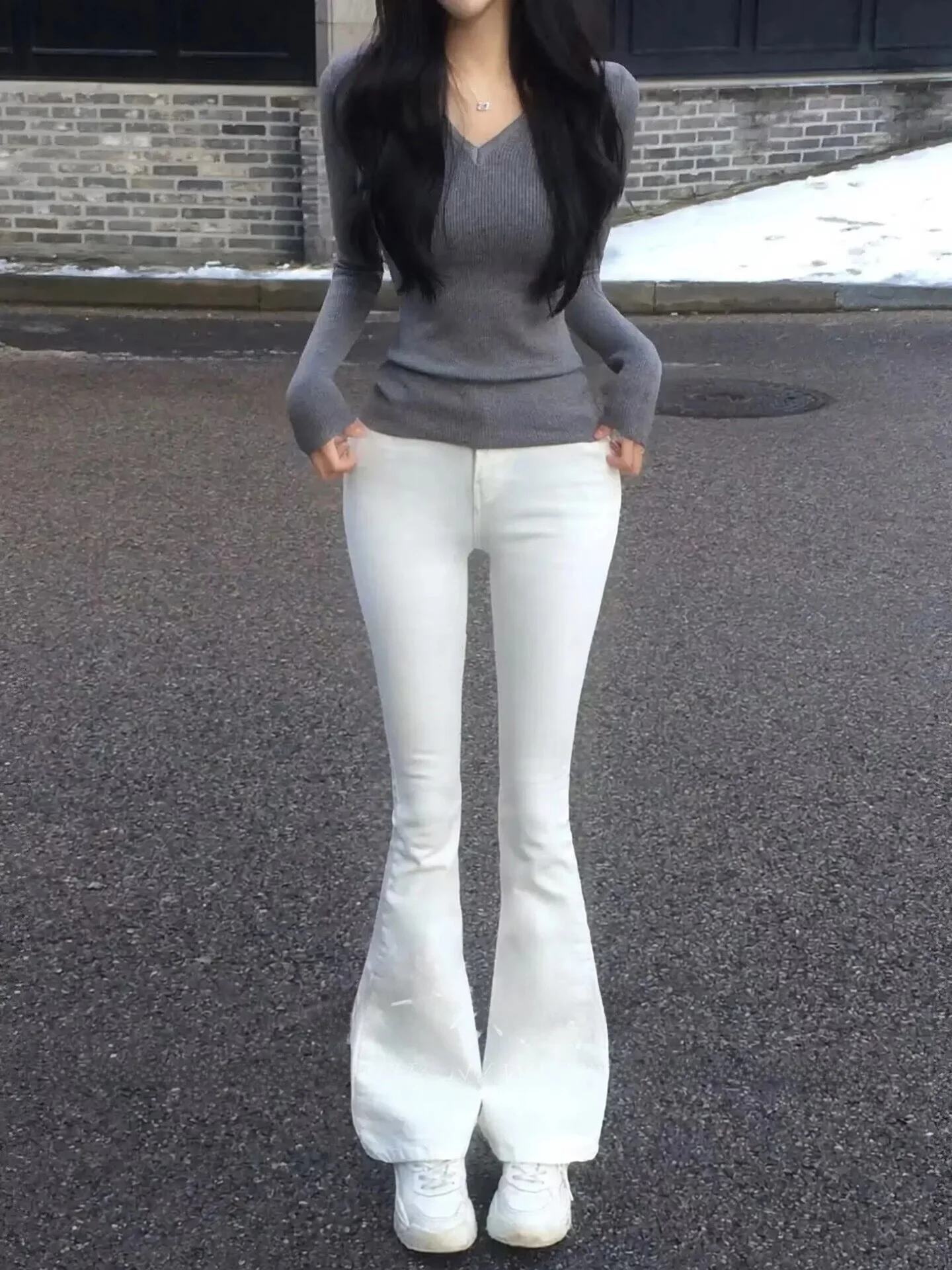 

Korean Sle Casual Commuter Flared Denim Jeans Women's Slimming Hip Lifting Elastic Slimming Basic Match Long Pants