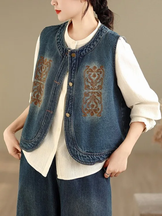 Primavera 2026 étnico sle bordado esticado denim colete tamanho grande feminino botão de sincera redondo ne aberto cardigan