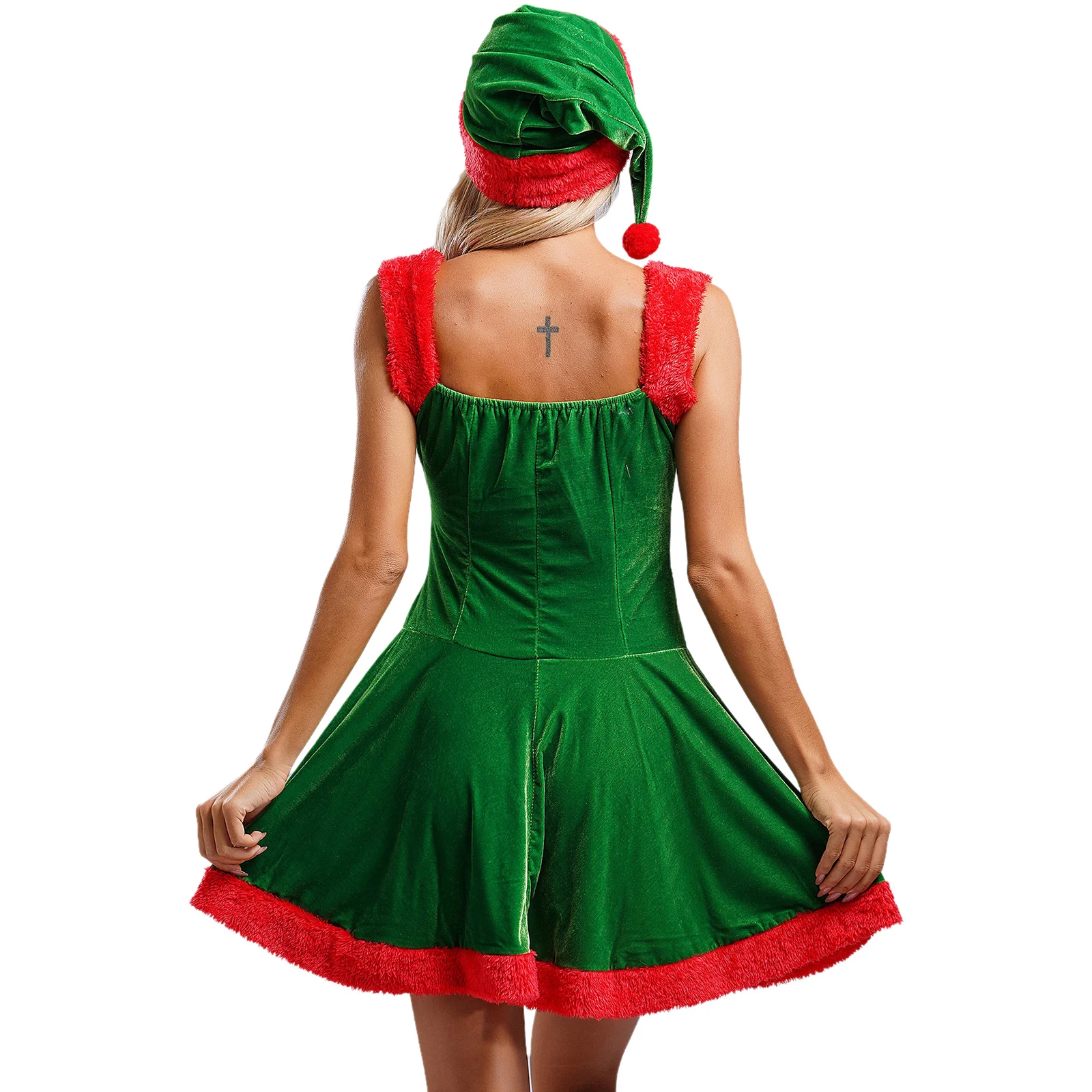 Women Chrismats Party Dance Dress Halloween Xmas Elf Santa Claus Cosplay Costume Sleeveless Velvet A-line Dress with Hat Set