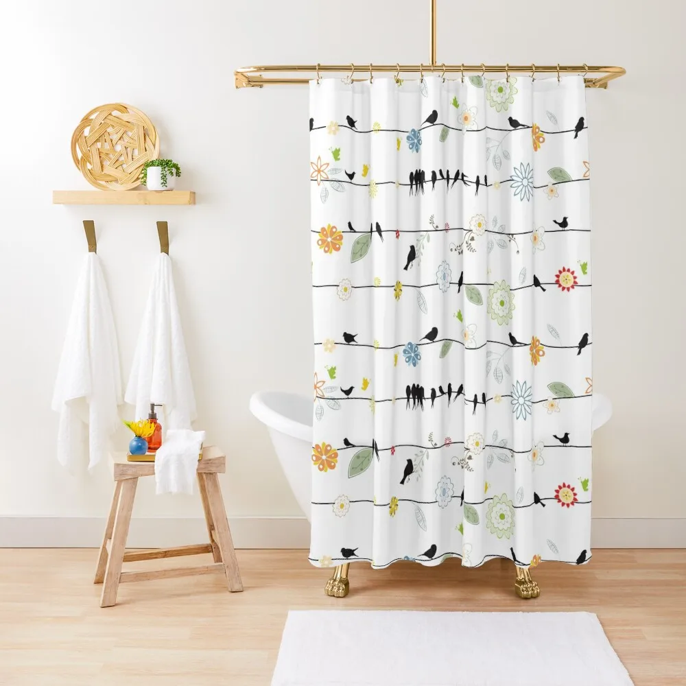 

Black Birds On A Wire with Flowers Shower Curtain Bathroom Fabric For Shower Bathroom For Shower Elegant Bathroom Curtain