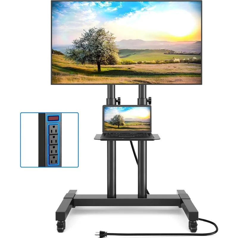 

Модернизированная Мобильная ТВ-подставка с электрической розеткой для телевизоров 32-85 дюймов, тяжелая тележка для телевизора на колесах до 132 фунтов