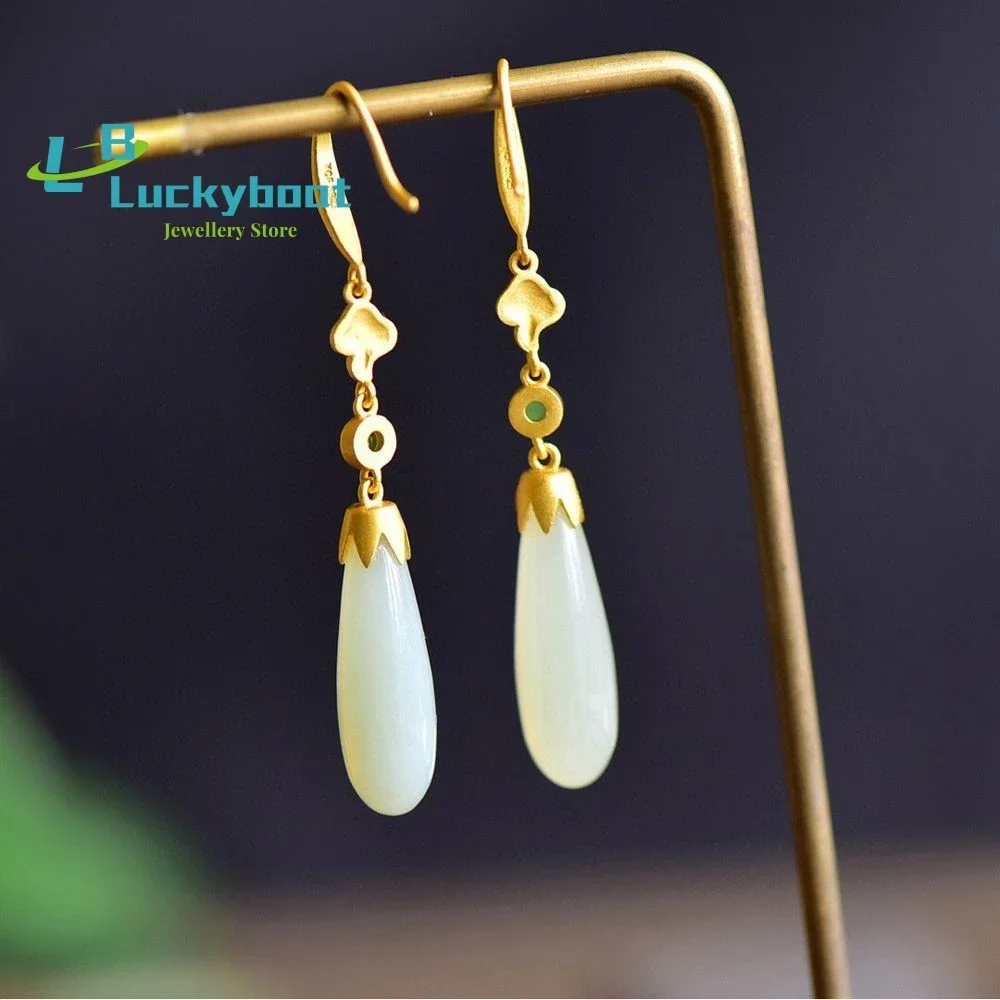 

Natural Hetian Jade S925 Silver Ancient Silver Inlaid Three-dimensional Water Drop Earrings Embellished With Earrings