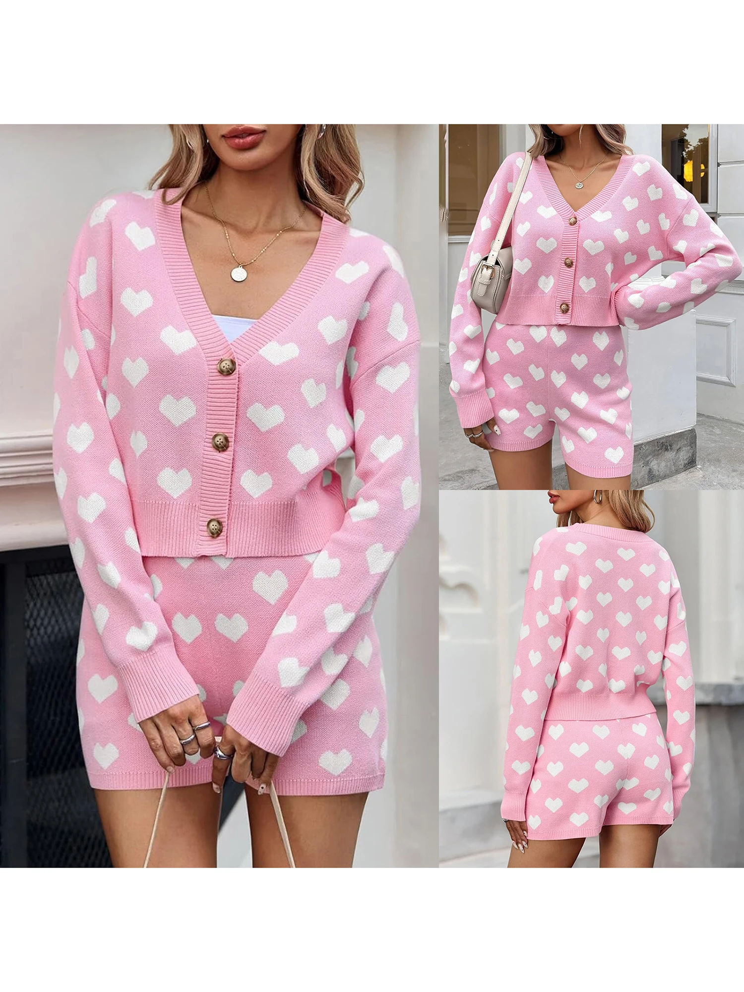 

Women s Sweater Set Chic and Cozy Knit Heart Print Button Front V-Neck Cardigan with Matching Shorts for a Stylish Look