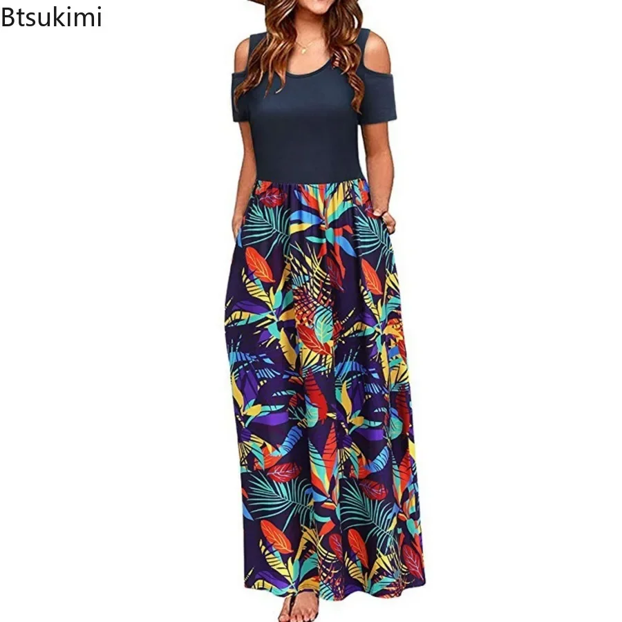 裸の肩,半袖,十分な,自由奔放に生きるスタイル,新しい夏のコレクション2022を備えた女性の長いマキシドレス