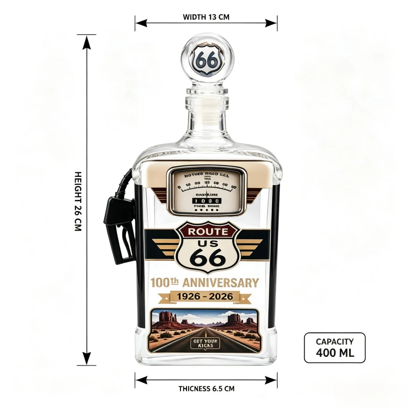 Vintage Route 66 Glas-Whiskeykaraffel in Retro-Tankstellenform, Dekorative Spirituosenflasche für die Hausbar-Dekoration – Detail 1
