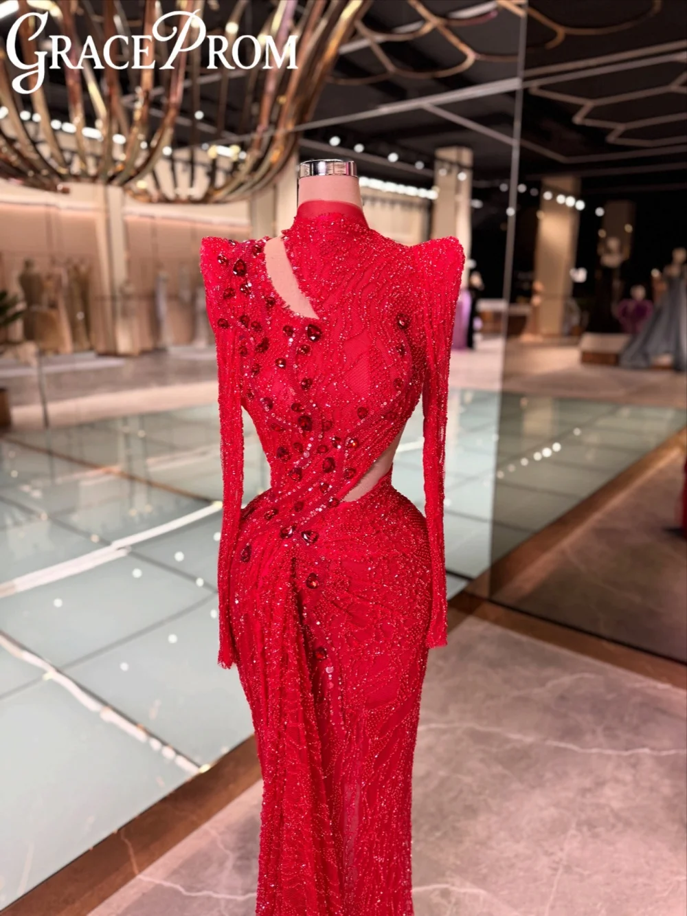 

Dazzling Red Crystal Evening Dress Gorgeous Embroidery Lace Wedding Party Gown Customized Graceful Straight Long Prom Dresses