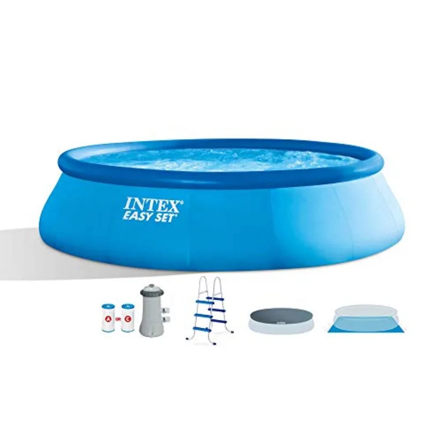 

Outdoor backyard inflatable easy set above ground round swimming pool with 15' cover, ladder, filter pump, blue PVC material, q