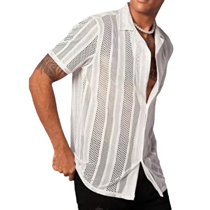 Men's Mesh See Through Mesh Sexy Shirt Short Sleeve Button Down Vintage Streetwear Party Tops Summer Clothing S-3XL New Fashion