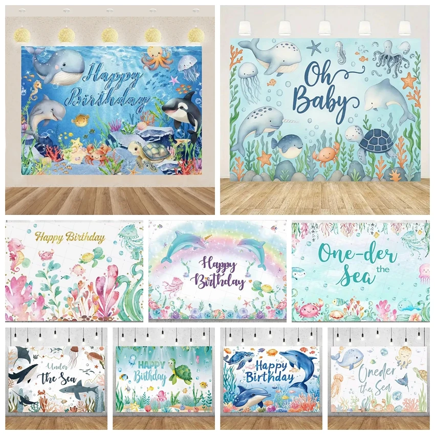 

Cartoon Marine Life Photography Backdrop Banner Underwater World Dolphin Turtle Octopus Children Birthday Party Decoration Props