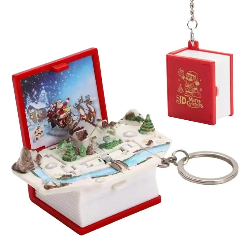 Small Open Up Book Small Christmas Book Keychain Backpack Charm Creative Christmas Tree Ornaments 3D Christmas Scene Books Decor