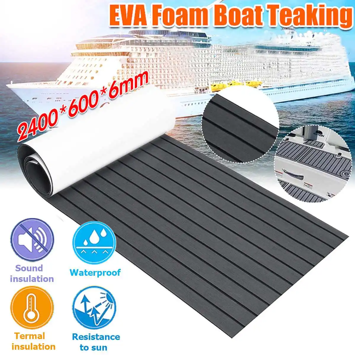 2400x600x6mm EVA Foam Faux Teak Boat Decking Sheet Marine Flooring Pad Self Adhesive Non-slip Yacht Flooring Pad RV Floor Mat