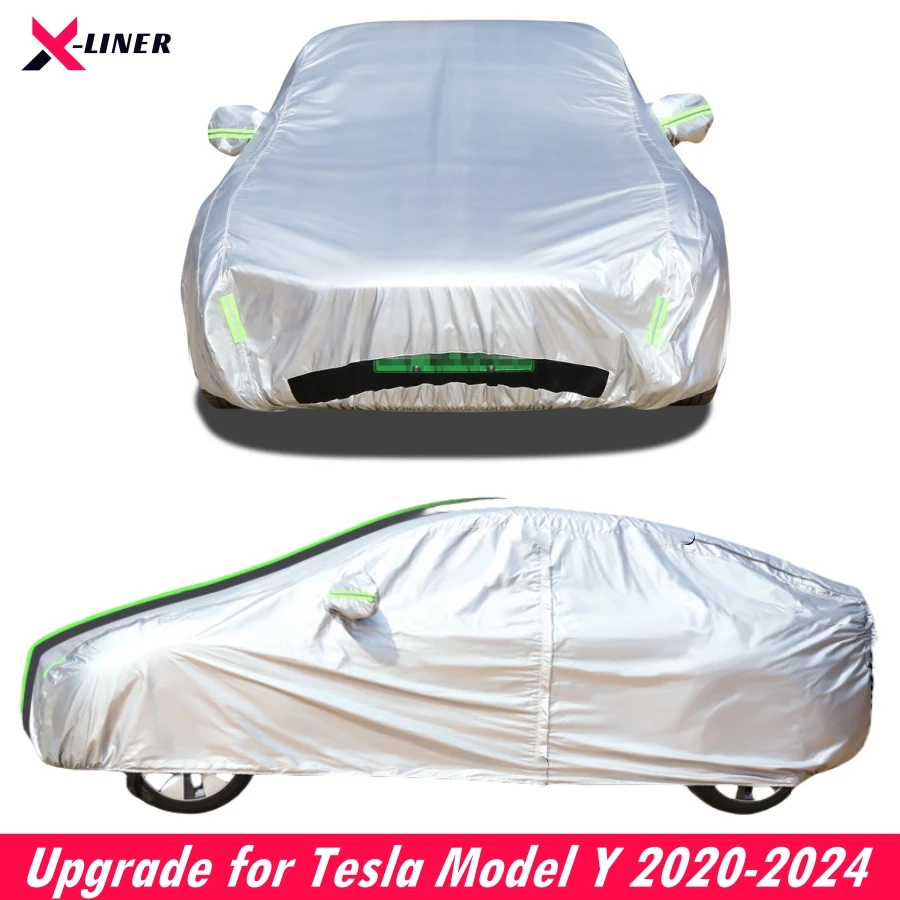 All Weather 210D Oxford Car Cover for Tesla Model Y 2020-2024 with Ventilated Mesh Charge Port Opening Fleece Lining Trunk Openi