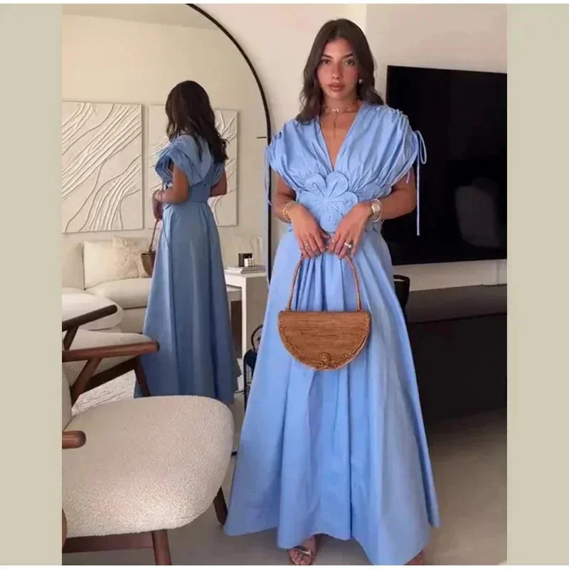 Elegant Pleated V Neck Blue Long Dresses Women Off Shoulder Sleeveless Collage Flower Design Maxi Dress Summer New Vacation Robe