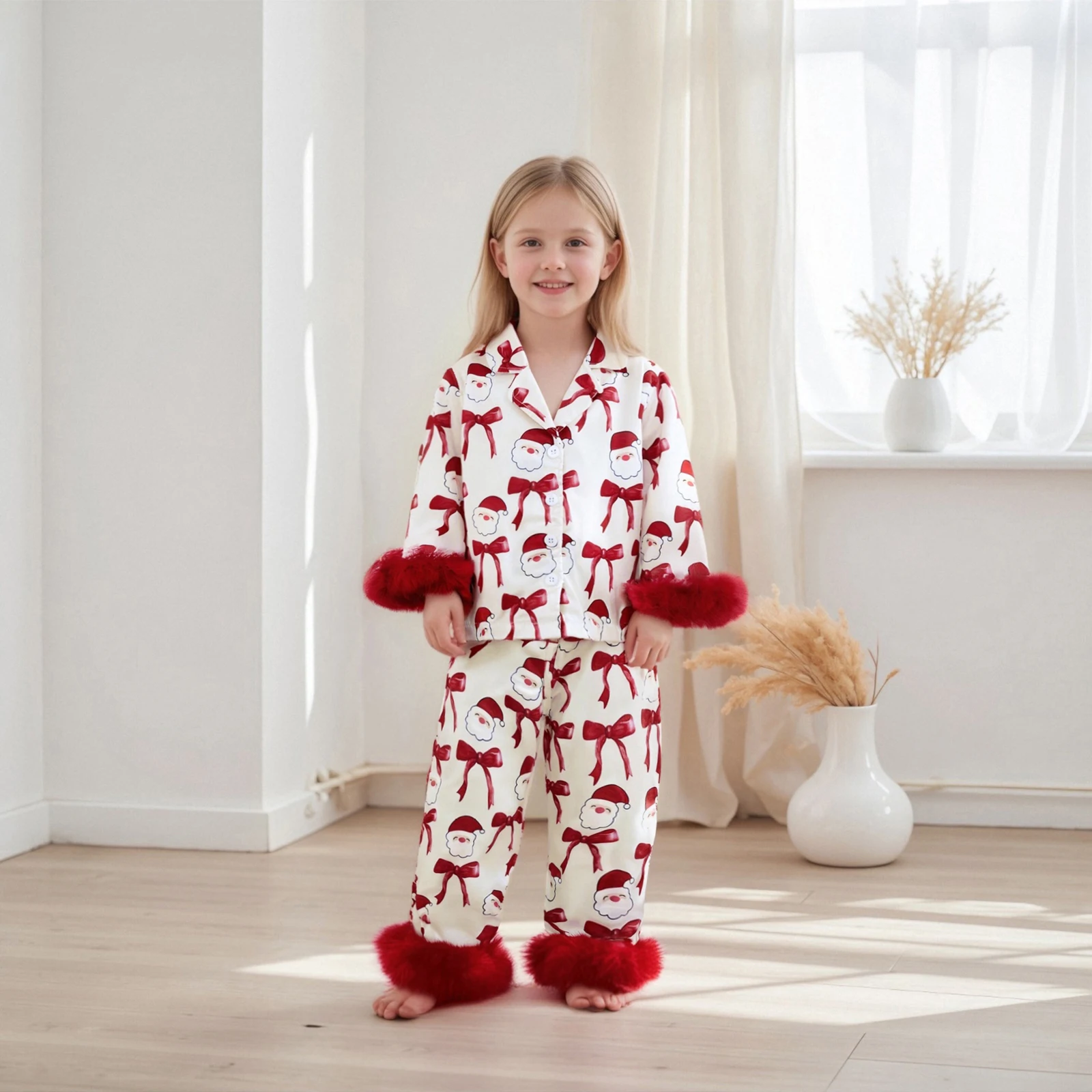 Kids Girls Christmas Pajamas Set Bow Print Long Sleeve Tops with Elastic Waist Pants Sleepwear Pj Sets