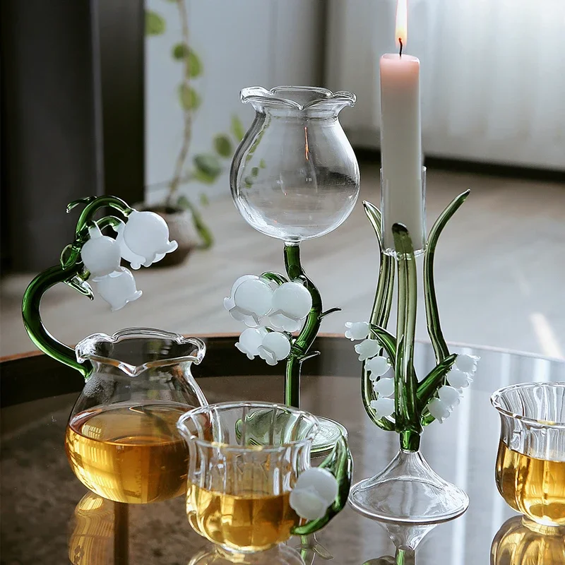 Japanese Creative Glass Cup Goblet Handmade Lily of the Valley Decorative Tea Cup Candlestick Home Drinking Utensils Girl Gift
