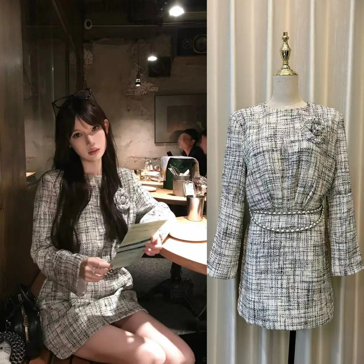 

Autumn Winter Black White Checkered Camellia Brooch Long Sleeved Chain Belt Short Tweed Dress Women
