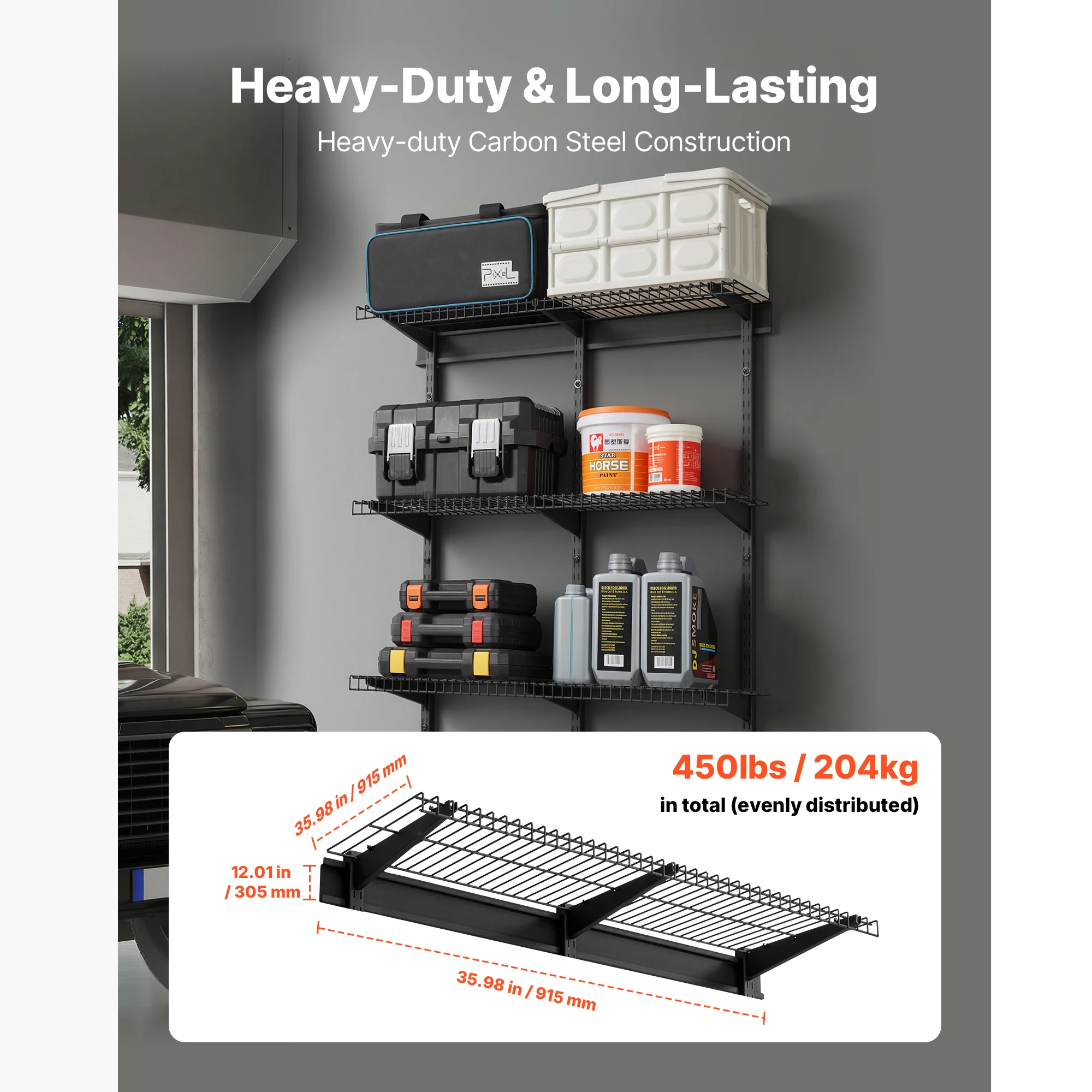 SucceBuy 3-Tier Wall Garage Shelving Unit Holder 11x36in 150lbs Per Shelf Wall Mounted Floating Storage Metal Rack for Workshop