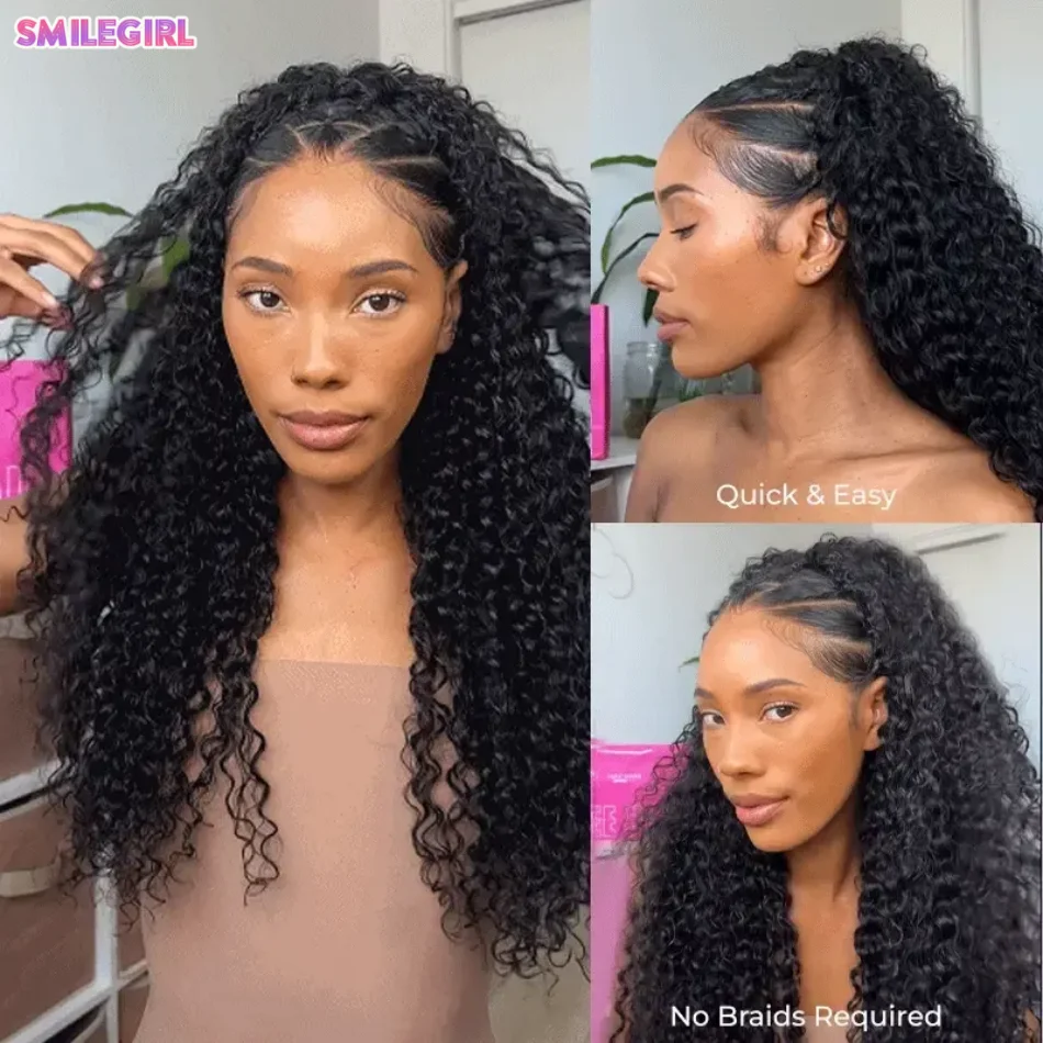 Deep Wave Half Wig Human Hair Seamless Flip Over Glueless Wear And Go Beginner Friendly Water Wave Half Up Half Down Wig Beginner Friendly With Drawstring 18 Inch