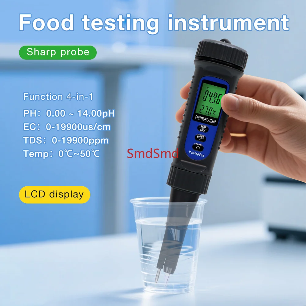 Pointed End Food Tester PH EC TDS 0.00-14.00pH 4 in 1 Digital Food PH Meter Acidity Detector for Fruit Cheese Meat Dough Juice
