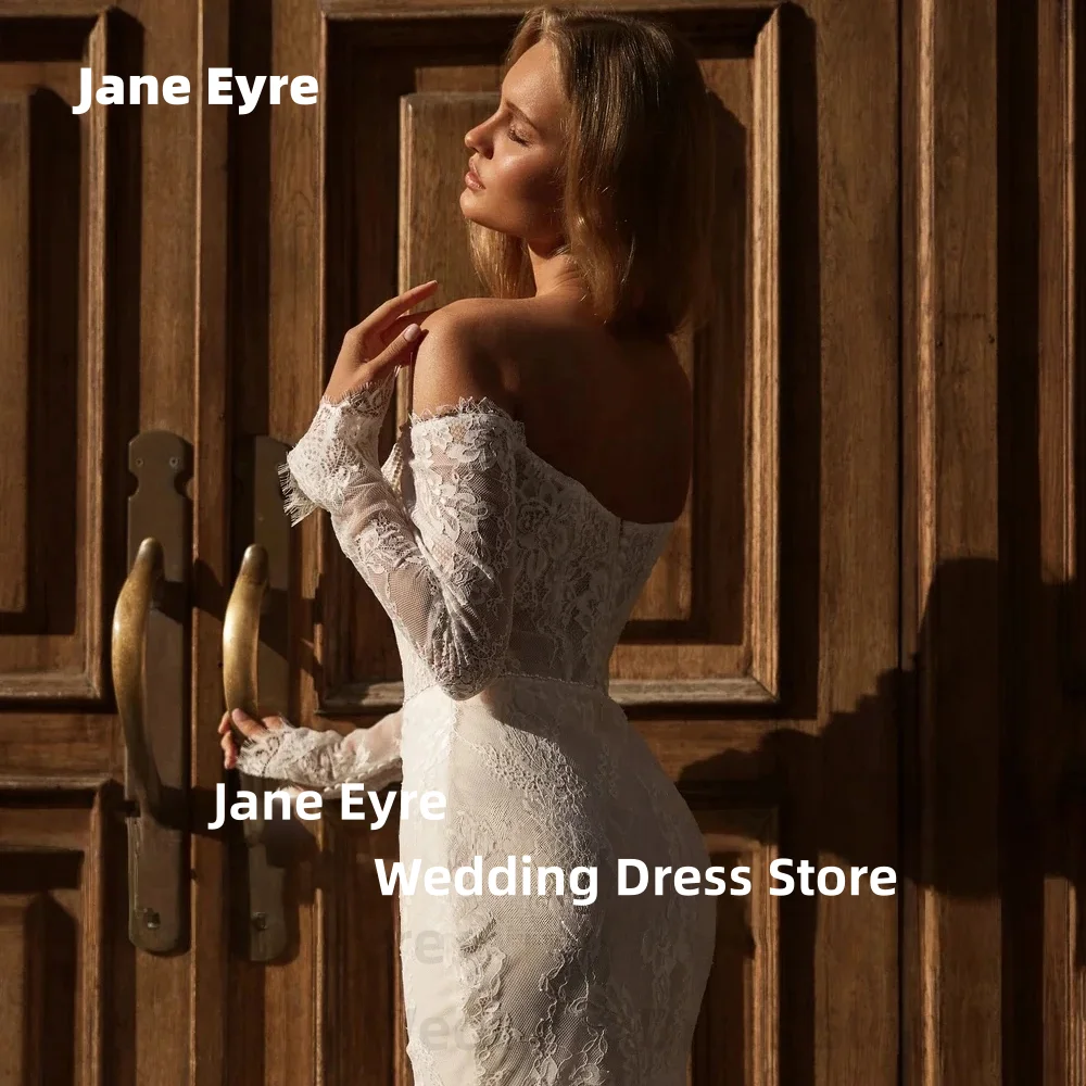 ジェーン・エア カスタムオーダー オフショルダー レース マーメイド ウェディングドレス フルスリーブ ビーズ装飾 ブライダルガウン コートトレーン付き