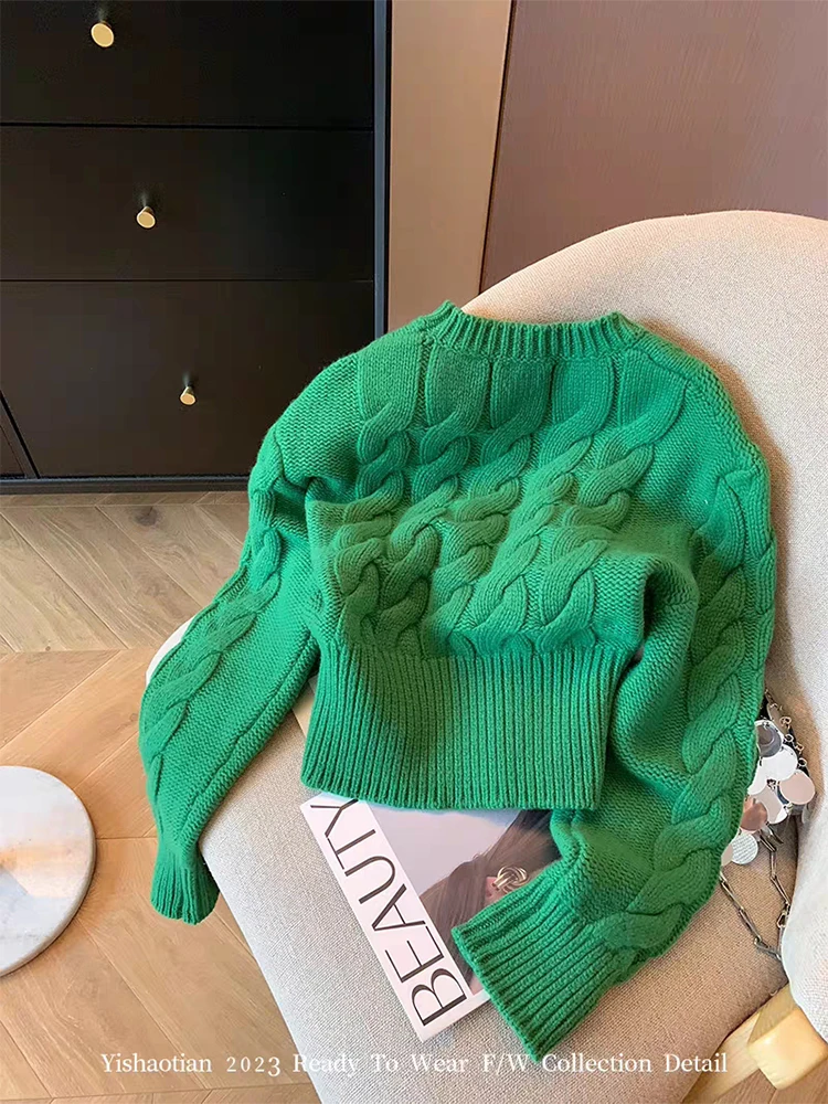 Streetwear Sweater Gyaru American Retro Green Loose Autumn Winter O-neck Korean Fashion Women Chic Jumper Baggy 2000s Aesthetic