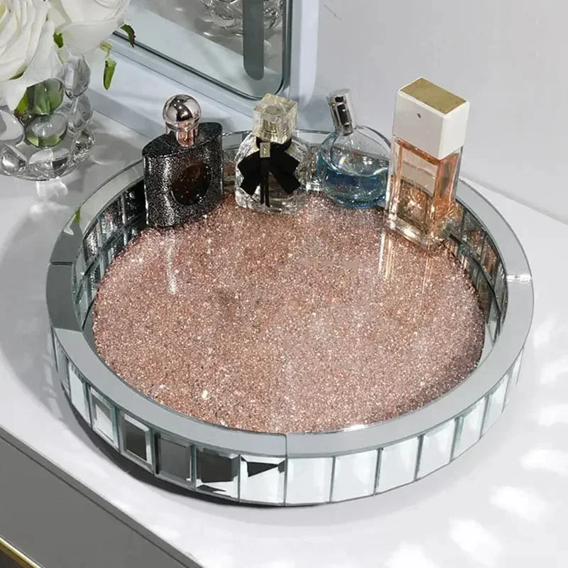 Luxurious Diamond Inlay Glass Storage Trays Decorative Perfume Bottle Skin Care Products Organizer Rolling Tray Bedroom Decor