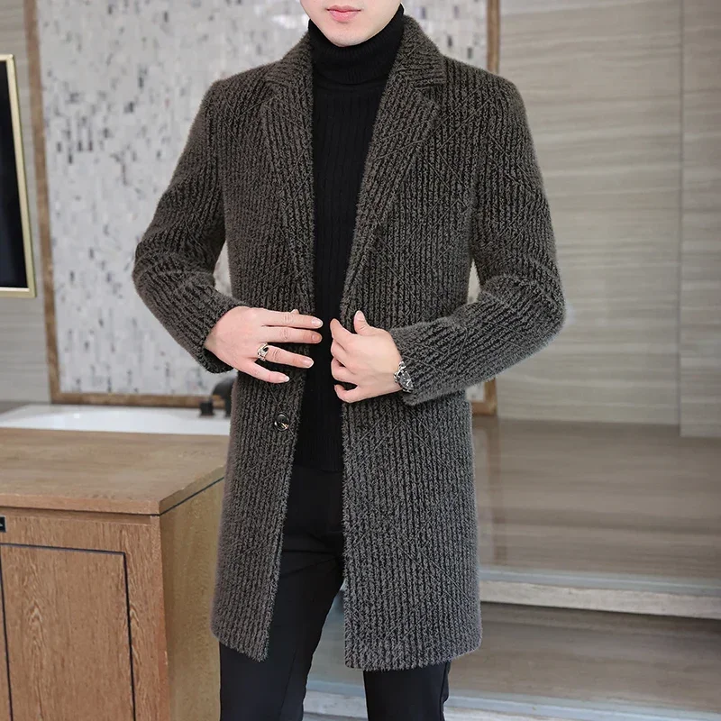 High-end Feel Men Fashion Handsome All Woolen Coat Suit Collar Long Trench Coat Woolen Coat Thick Casual  Winter Jacket Men