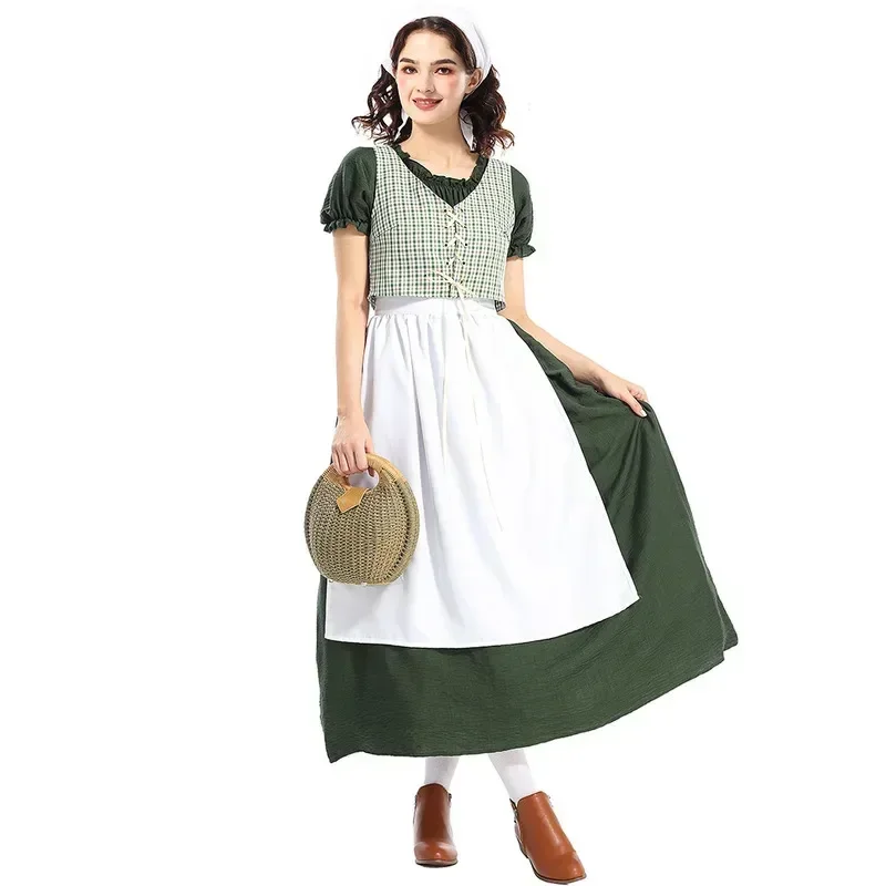 

Pioneer Costume Medieval Victorian Dress Women Halloween Costumes Grassland Colonial Dark Green Dress Pastoral Plaid Vest