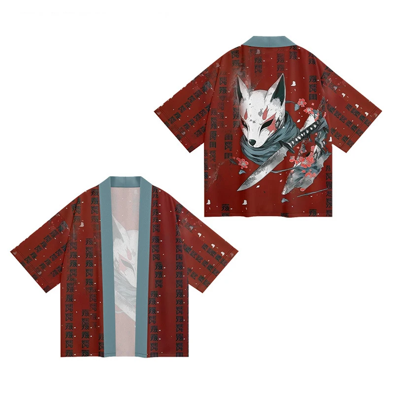 سترة كيمونو يابانية ملابس تقليدية صيفية عصرية سترة زهر الكرز قناع ثعلب مطبوع قماش ناعم ومريح #1