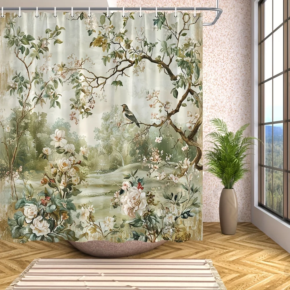 Flower Bird Garden Shower Curtain - Waterproof Polyester With Hooks, Peaceful Natural Scene Design, Hand Wash Only, Elegant