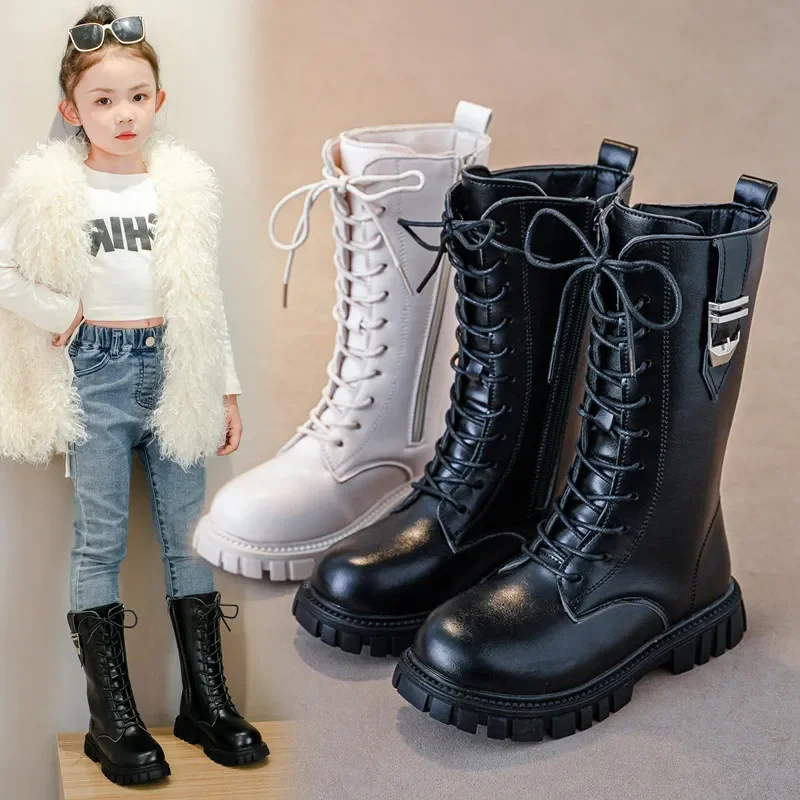 Girls Long Leather Boots Solid Color Britain Style Kids Princess High Boots Fashion Children Catwalk Buckle Boots Classic Chic