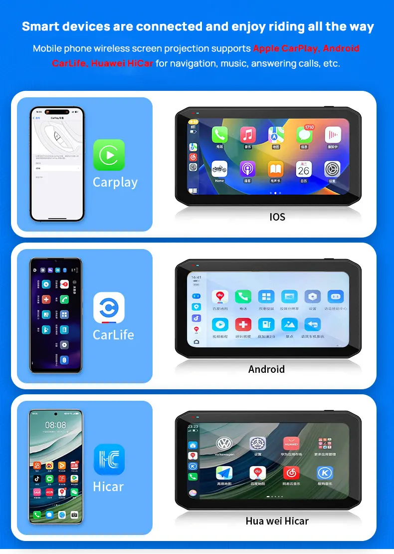 شاشة Carplay لاسلكية 6.25 بوصة للدراجات النارية مقاومة للماء لتحديد المواقع الملاح مع محرك كاميرا 2HD DVR TMPS BSD Karadar T7 Carplay Moto