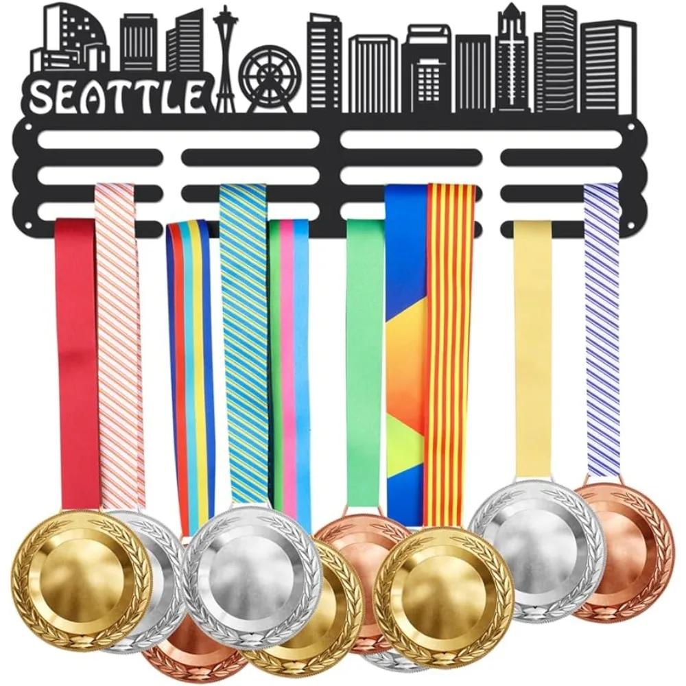 

Sports Medal Display Rack Seattle Cityscape Medal Holder Wall Mount Ribbon Display Holder Rack Hanger Decor Iron Wall Mounted