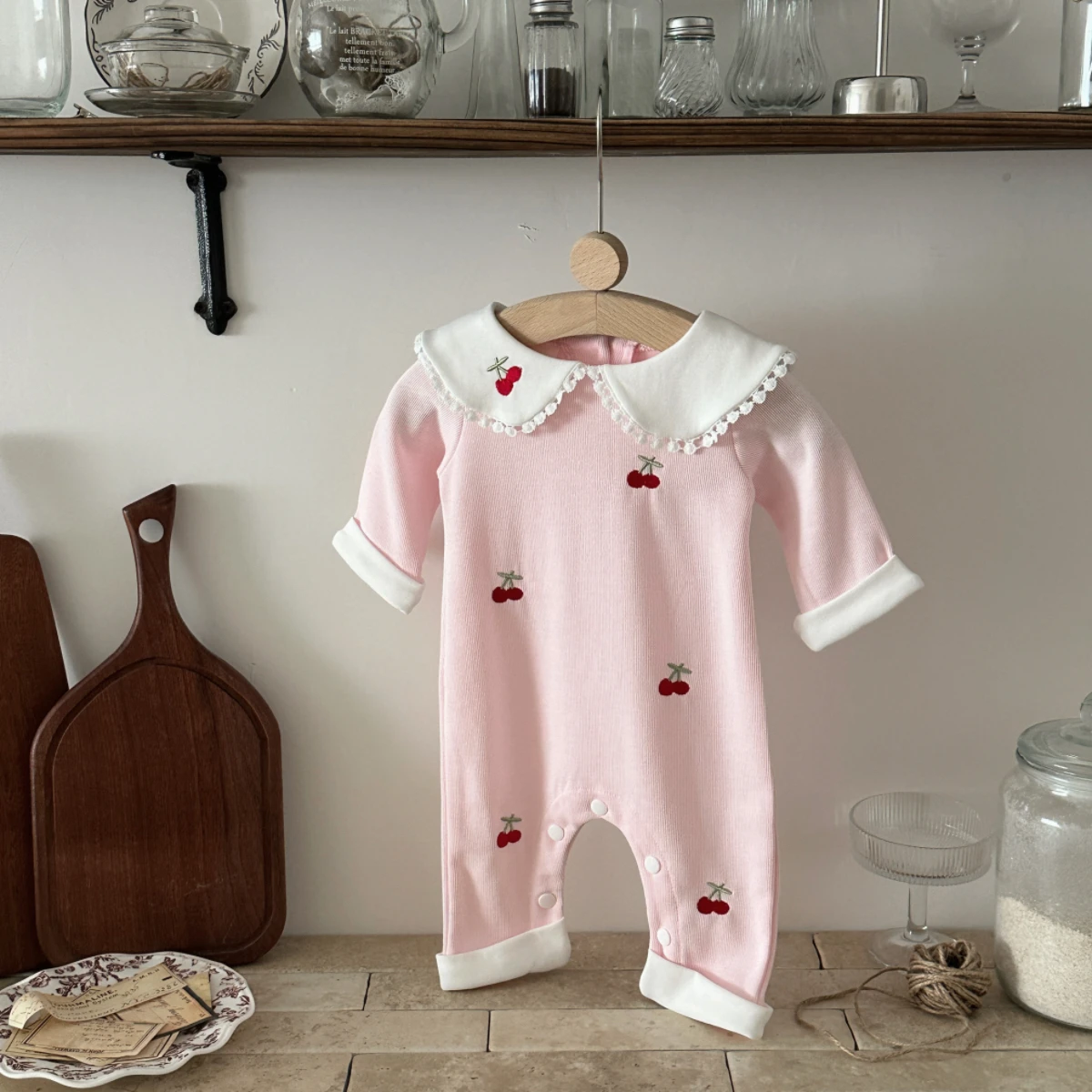 

Autumn Newborn Baby Clothes 0-18 Months Pink Cherry Print For Baby Girls Doll Collar Long Sleeve Infant Romper Toddler Jumpsuit