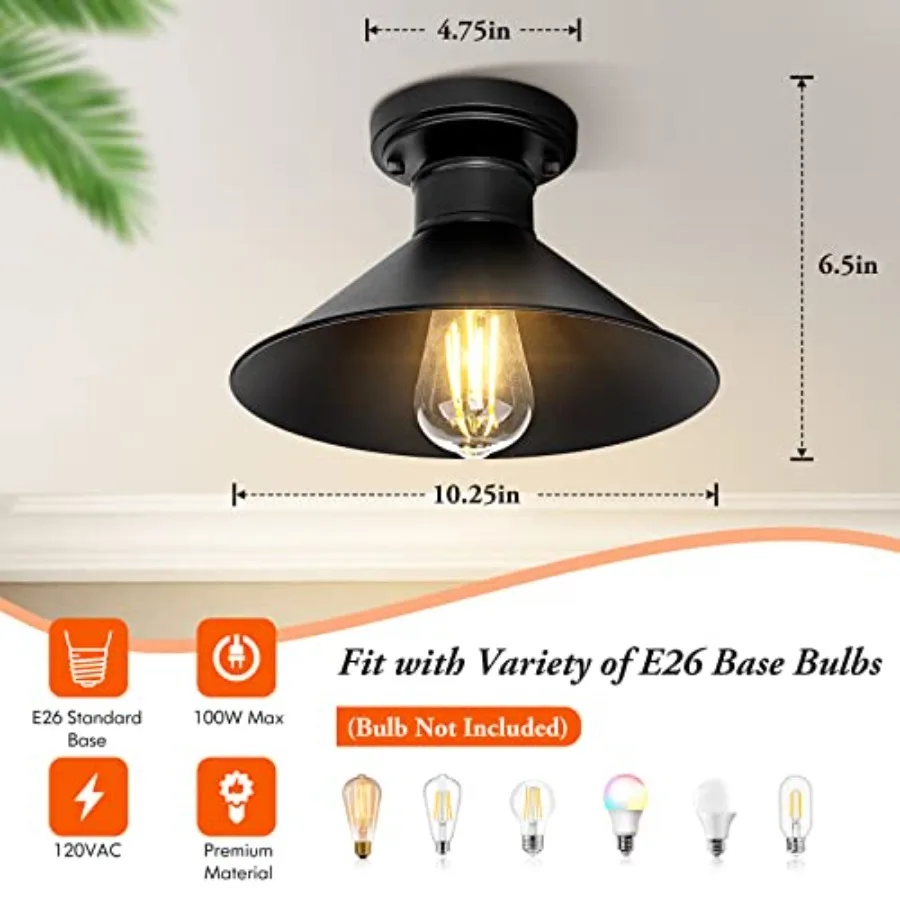 2-Pack Industrial Semi Flush Mount Ceiling Lights, Matte Black Farmhouse Light Fixtures, Close to Ceiling Lights for Kitchen, L