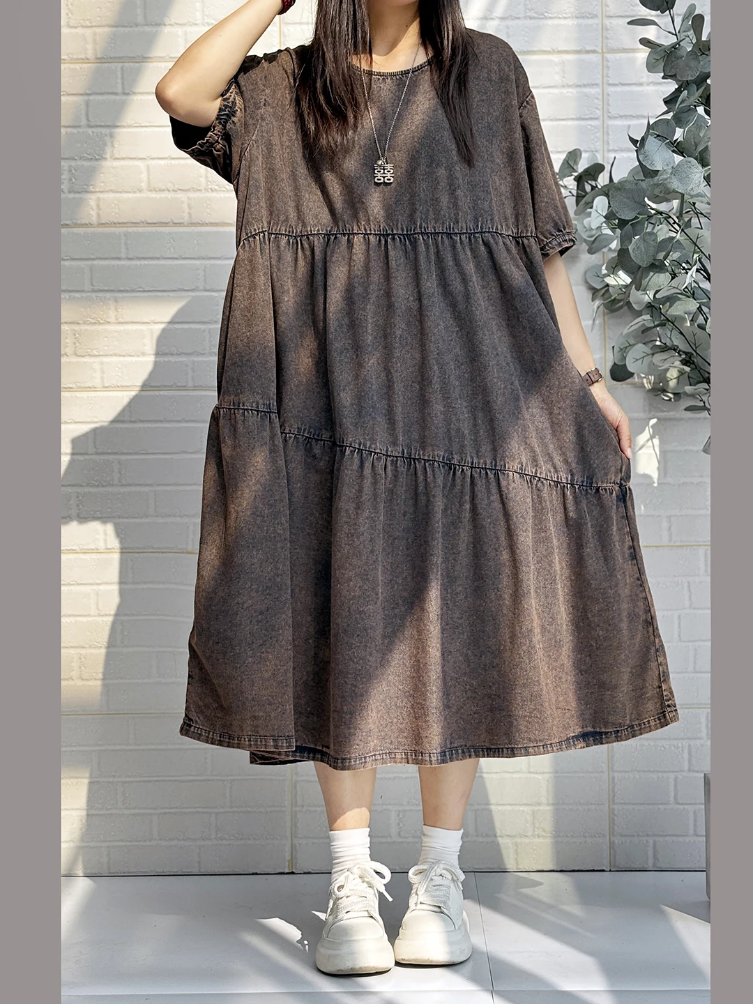 Washed Distressed Denim Short-sleeve Dress Women Loose Casual Large Hem Dress LX5788 - Image 5
