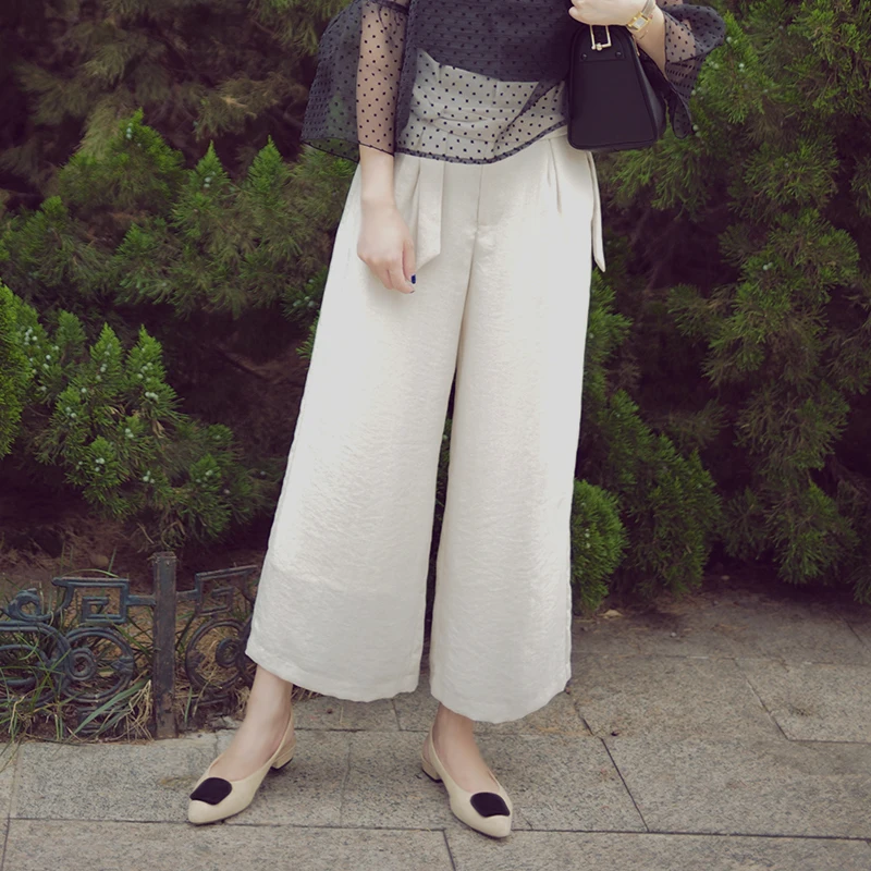 

High Waist Wide Leg Pants Simple White Casual Pants Women P45 Eco-Friendly Fiber Nylon 40% Other 60% Spring 2025 Collection