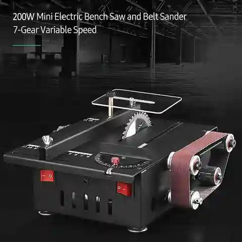 200W 미니 벤치쏘 및 벨트 샌더 (연장봉, 콜릿, 연삭 조각 드릴링 키트 포함), 가변 속도 원형 테이블쏘