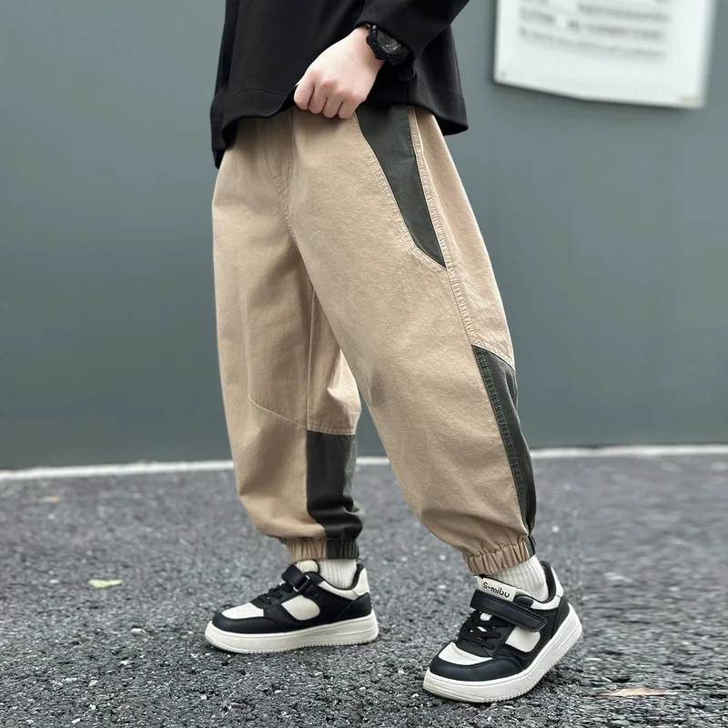 Spring Autumn New Boys Causal Cargo Pants Patchwork Loose Sports Pants For 4 5 6 8 10 12 14 Years Teen Boys Cotton Trousers
