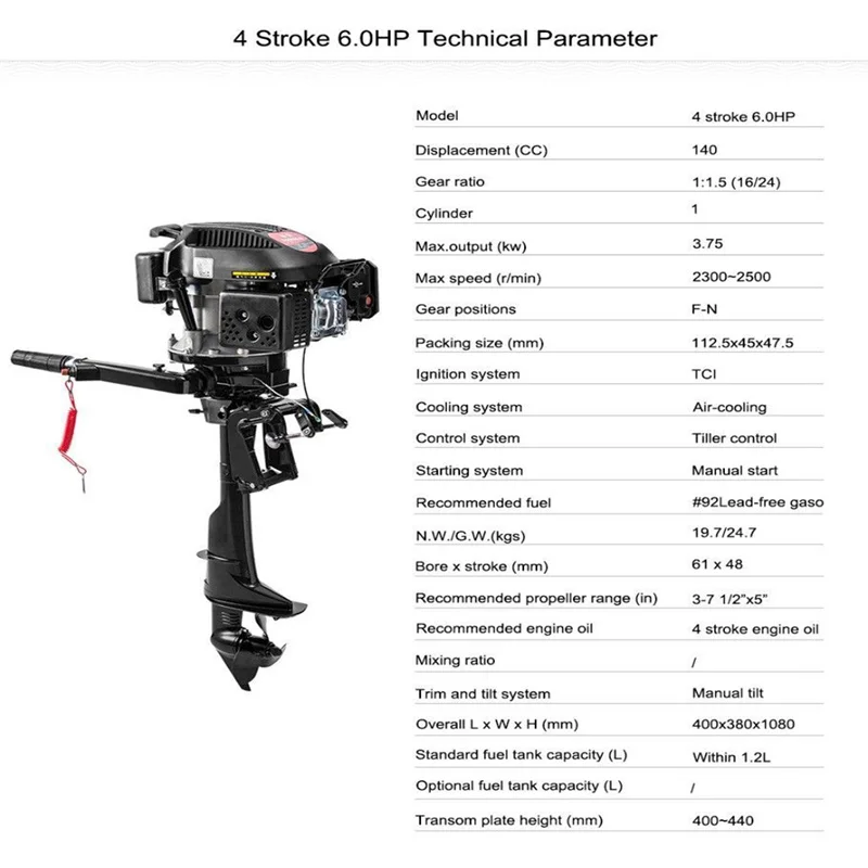 4 Stroke 6.0HP Marine Boat Engine Outboard Motor Displacement 140cc with Air Cooling System for Inflatable Fishing Boat Kayak