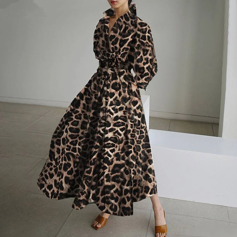 

Retro Leopard Print A-line Party Dress Women Spring Autumn Fashion Turn Down Collar Long Sleeve Pocket Dress Office Lady Vestido