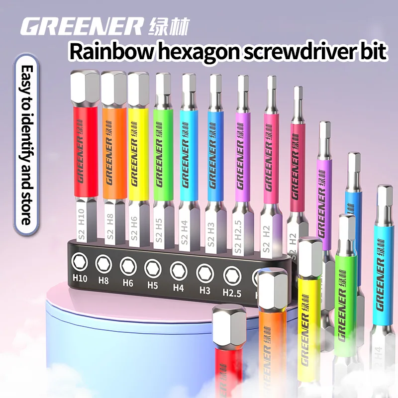 GREENERY Rainbow Hex Head Allen Wrench Screwdriver Bit Set S2 Tungsten Steel Multi-Size Impact Quick Release for Electric Drill