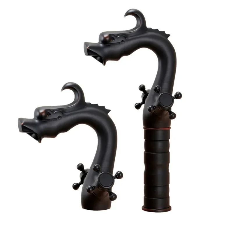 

Carved faucet Antique faucet Brass basin Black antique hot and cold faucet Double spiral handle Seated double handle