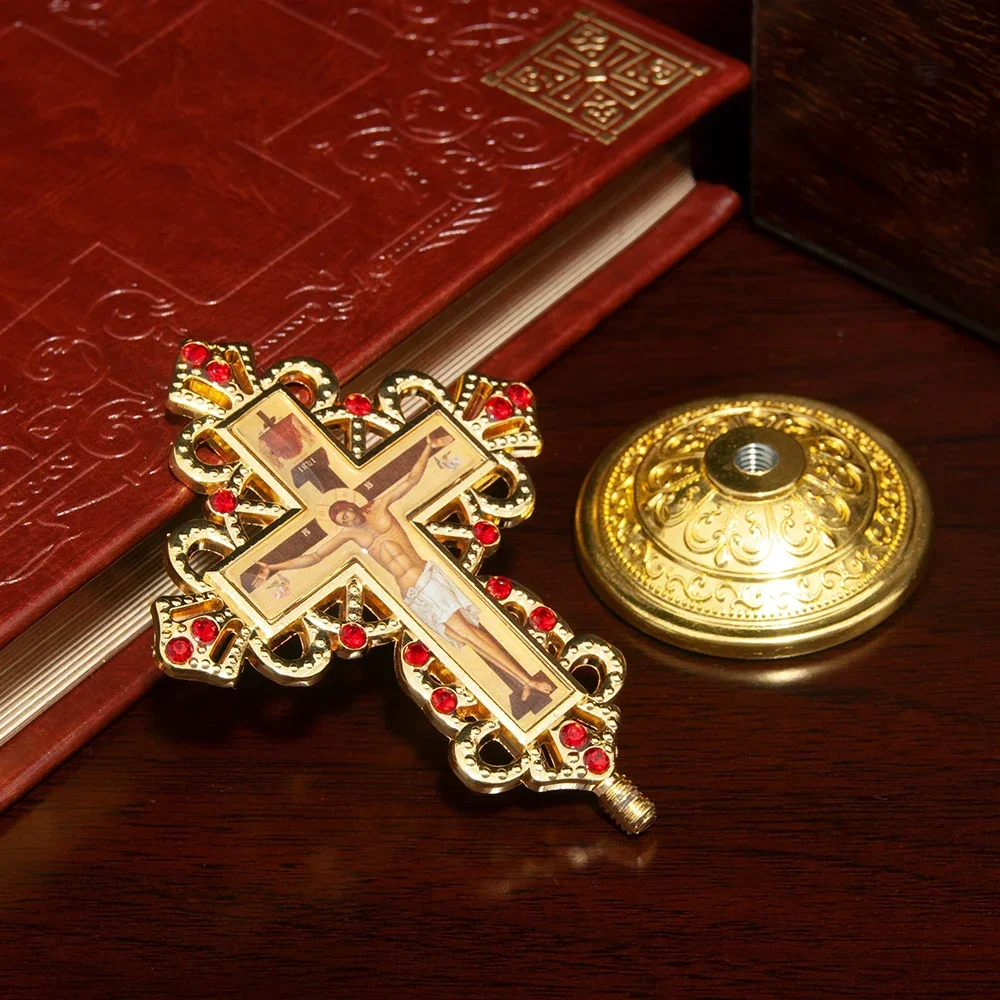 New Orthodox Church Supplier Metal Jesus Icon Crucifix Orthodox Table Cross With Stand For Prayers Jerusalem Home Decor Box Gift