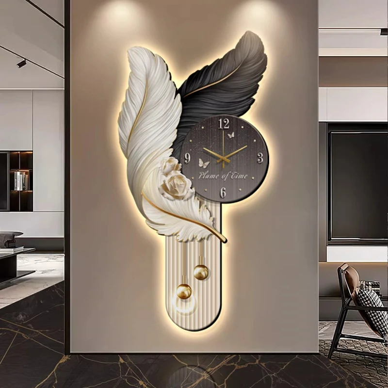Light Luxury Feather Entrance LED Wall Clock Decorative Painting Corridor Mute Wall Clock Background Wall Lamp Clock Home Decor